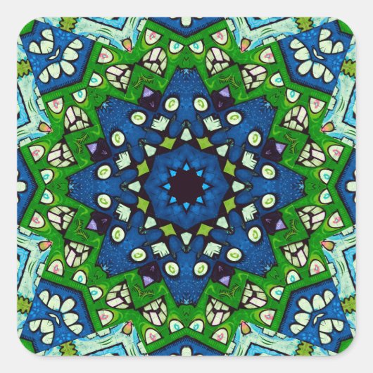 Sticker Carré Mandala Retro Mosaic Vert Motif bleu (Devant)