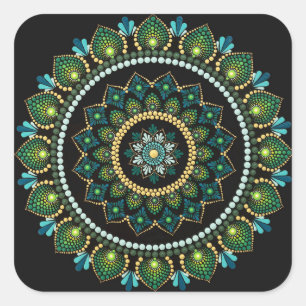 Sticker Carré Mandala vert   Peint main   Géométrie sacrée