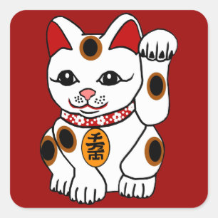 Sticker Carré Maneki Neko Chat sur Arrière - plan rouge