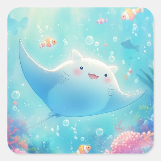 Sticker Carré Manta Ray souriant dans Coral Paradise (Devant)