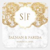 Sticker Carré Marbre blanc Or Dentelle Pile Monogramme Mariage F (Devant)