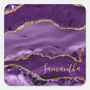 Sticker Carré Marbre d'agate pailleté de faux or et violet