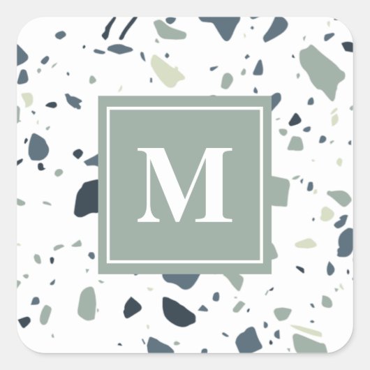 Sticker Carré Marbre Terrazzo Vert Bleu Moderne Monogramme (Devant)