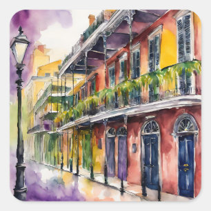 Sticker Carré Mardi Gras à l'aquarelle esthétique de la rue Bour