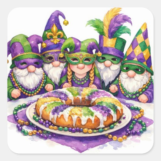Sticker Carré Mardi Gras Gnome Party With King Cake (Devant)