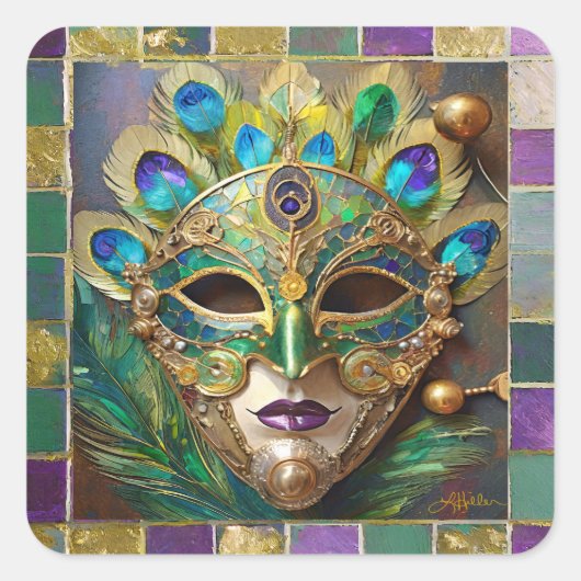Sticker Carré Mardi Gras Gold Ceramic Peacock Feature Masque (Devant)
