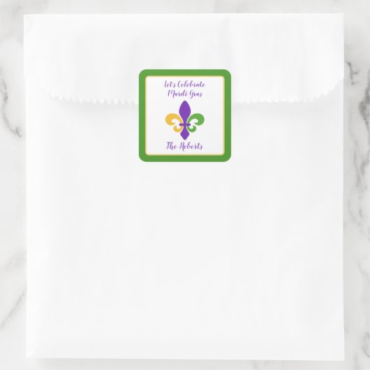Sticker Carré Mardi Gras NOM Vert Or Violet Fleur de Lis (Sac)