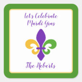 Sticker Carré Mardi Gras NOM Vert Or Violet Fleur de Lis (Devant)