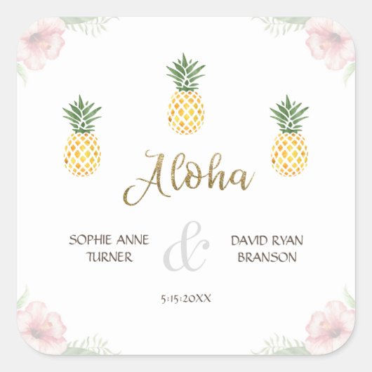 Sticker Carré Mariage à la plage d'ananas tropicale Aloha (Devant)