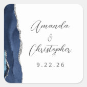 Sticker Carré Mariage Agate Bleu Nuit Argent Script (Devant)