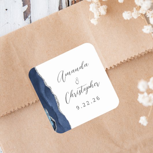 Sticker Carré Mariage Agate Bleu Nuit Argent Script