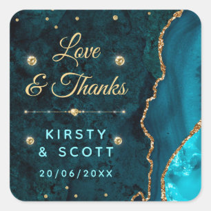 Sticker Carré Mariage agate et marbre pailleté sarcelle et or