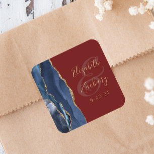 Sticker Carré Mariage Agate Géode Écriture Bleu Nuit Or Bourgogn