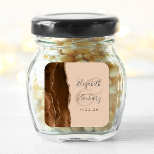 Sticker Carré Mariage Agate Géode Écriture Brun Mocha Brun Doré