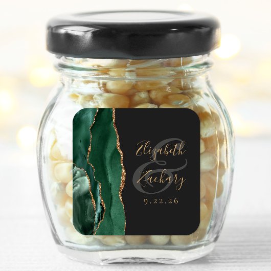 Sticker Carré Mariage Agate Géode Écriture Émeraude Vert Or Somb