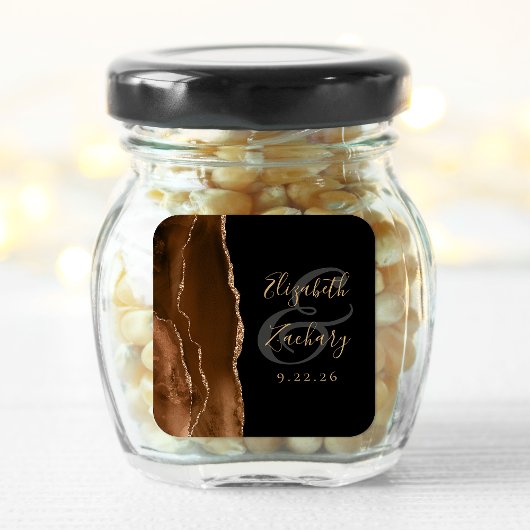 Sticker Carré Mariage Agate Géode Écriture Mocha Brun Or Noir