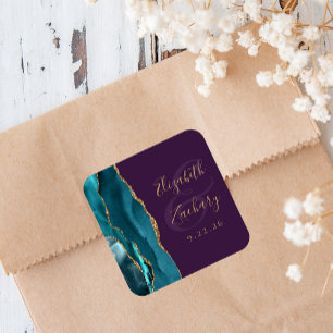Sticker Carré Mariage Agate Geode Écriture Turquoise Or Violet