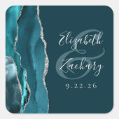 Sticker Carré Mariage Agate Geode Script Bleu Canard Argent (Devant)