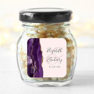 Sticker Carré Mariage Agate Géode Script Violet Rose Doré