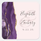 Sticker Carré Mariage Agate Géode Script Violet Rose Doré (Devant)