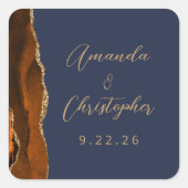 Sticker Carré Mariage Agate Orange Brûlé Or Script Bleu Nuit (Devant)