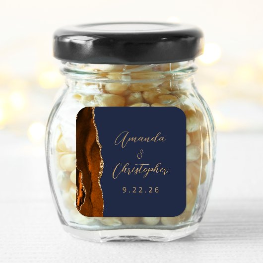 Sticker Carré Mariage Agate Orange Brûlé Or Script Bleu Nuit