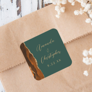 Sticker Carré Mariage Agate Orange Brûlé Or Vert Foncé Script