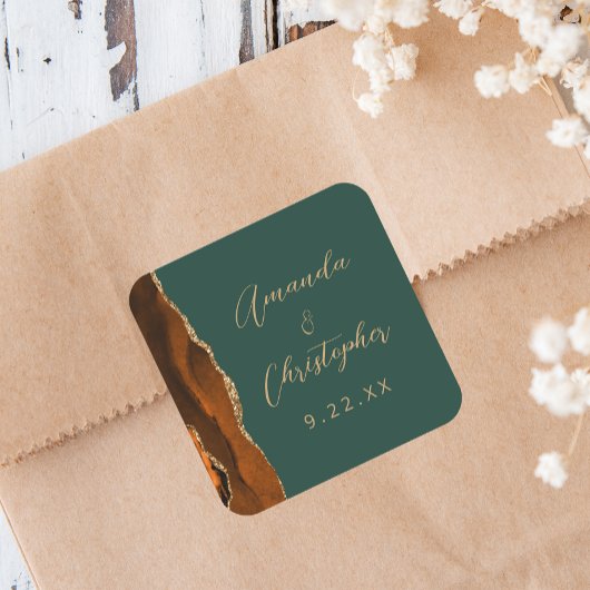 Sticker Carré Mariage Agate Orange Brûlé Or Vert Foncé Script