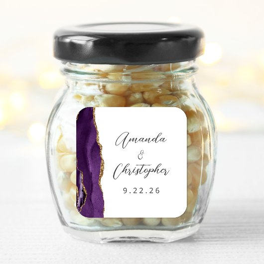 Sticker Carré Mariage Agate Purple Gold Script