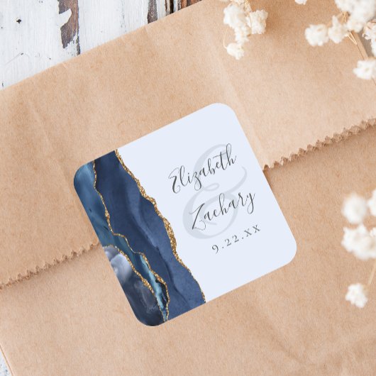 Sticker Carré Mariage Agate Script Bleu Nuit Bleu Pâle Or