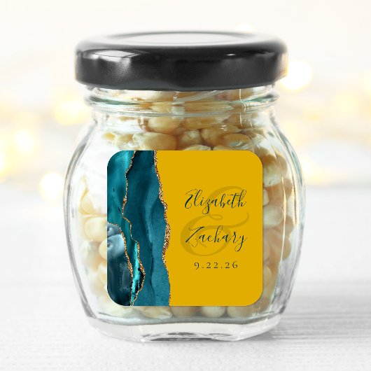 Sticker Carré Mariage Agate Script Sarcelle Or Jaune Moutarde