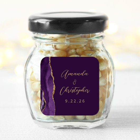 Sticker Carré Mariage Agate Violet Or Script Prune