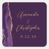 Sticker Carré Mariage Agate Violet Or Script Prune (Devant)
