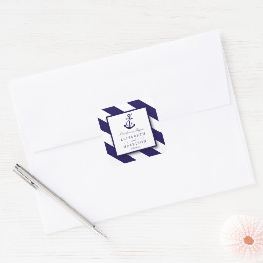 Sticker Carré Mariage Ancre bleu marine (Enveloppe)