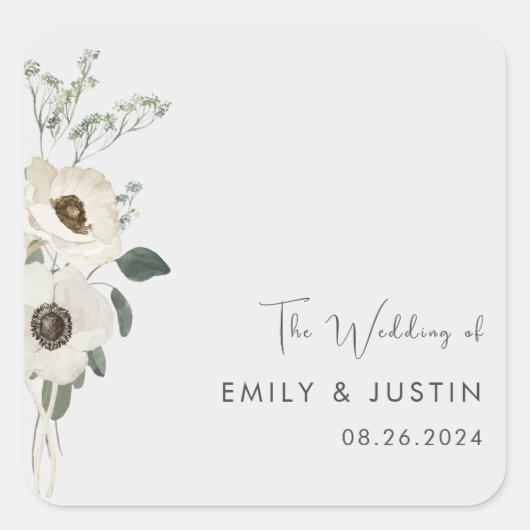 Sticker Carré Mariage Aquarelle moderne Fleurs blanches (Devant)