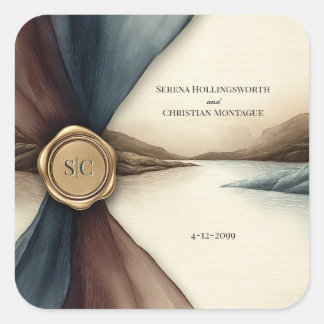 Sticker Carré Mariage Aquarelle Ombre Sceau Bleu et Prune