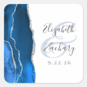 Sticker Carré Mariage Argent Bleu Royal Script Géode d'Agate (Devant)
