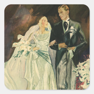 Sticker Carré Mariage Art Déco Vintage Mariés et Jeune Mariée