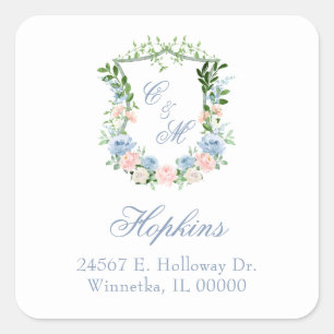 Sticker Carré Mariage au blason floral bleu poussiéreux