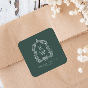 Sticker Carré Mariage au vert forêt avec blason de monogramme vi