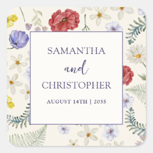 Sticker Carré Mariage aux fleurs sauvages et feuillage pastel