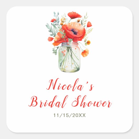 Sticker Carré Mariage avec jarre de pavots rouges (Devant)