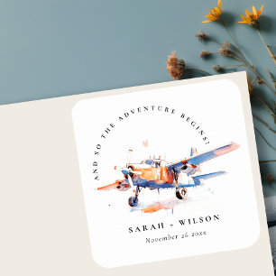 Sticker Carré Mariage Avion Aquarelle Orange Bleu Rosé