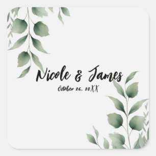 Sticker Carré Mariage Blanc Moderne avec Feuillage Minimal