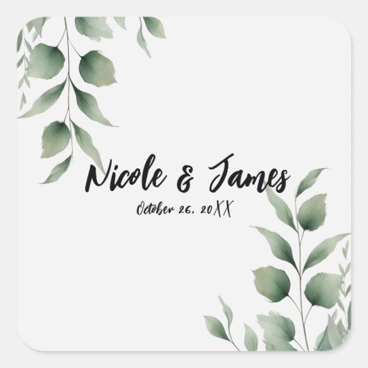Sticker Carré Mariage Blanc Moderne avec Feuillage Minimal (Devant)