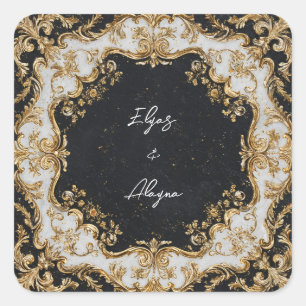 Sticker Carré Mariage Blanc Noir Orné Baroque Or Opulent Doré