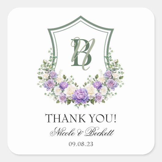 Sticker Carré Mariage blanc violet en crête florale Merci (Devant)