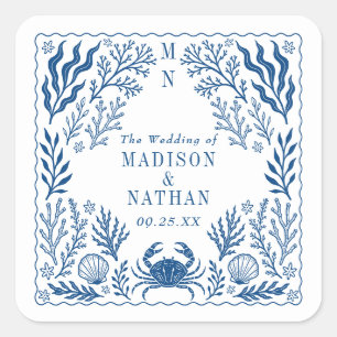 Sticker Carré Mariage bleu coquille de crabe nautique océan plag