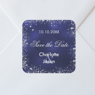 Sticker Carré Mariage bleu marine en argent Enregistrer la date