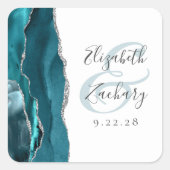 Sticker Carré Mariage bleu sarcelle écriture Agate Géode Argent (Devant)